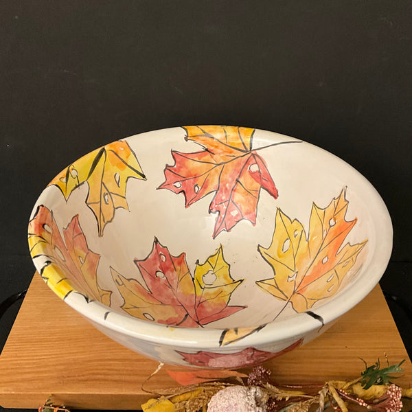 Large Deep White Bowl with Autumn Leaves