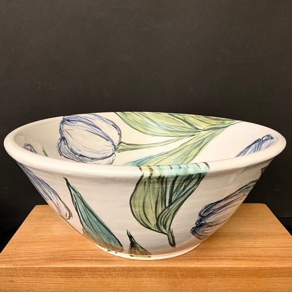 Large White Bowl with Pale Blue Tulips