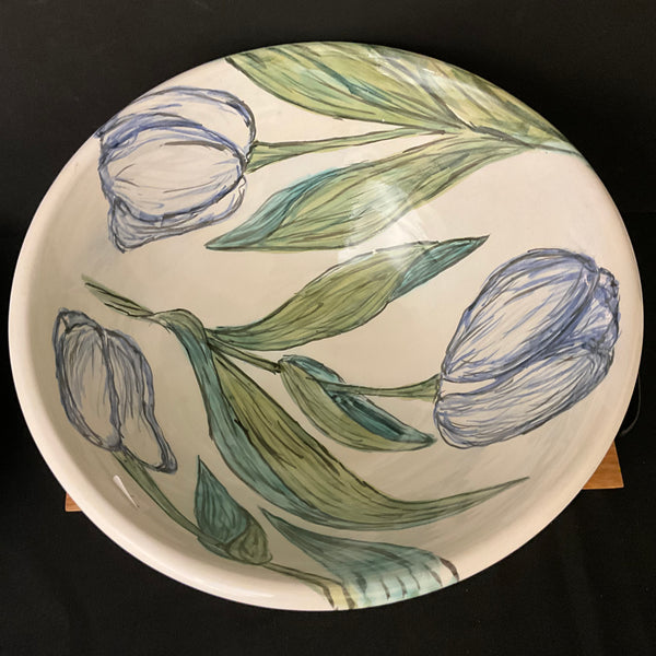 Large White Bowl with Pale Blue Tulips