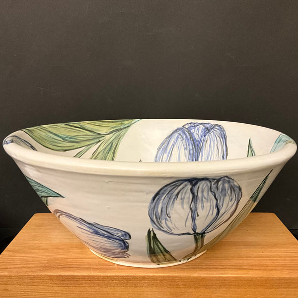 Large White Bowl with Pale Blue Tulips