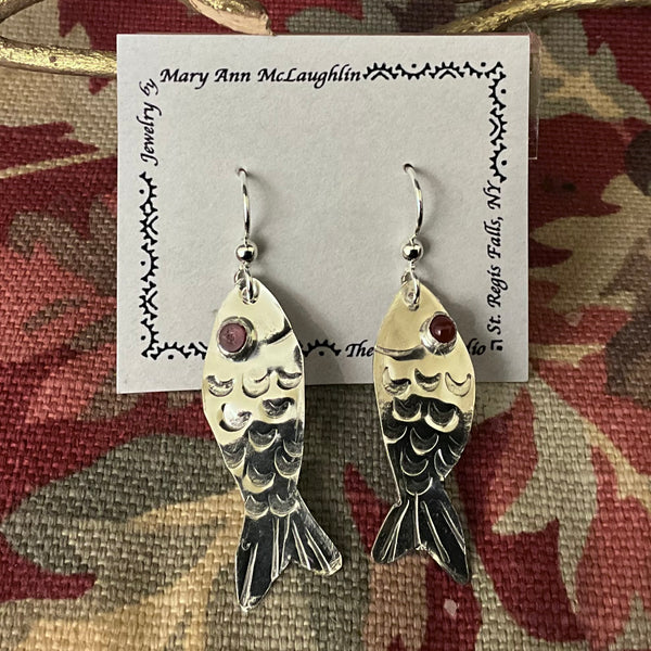 Silver Fish Earring w Garnet Eye