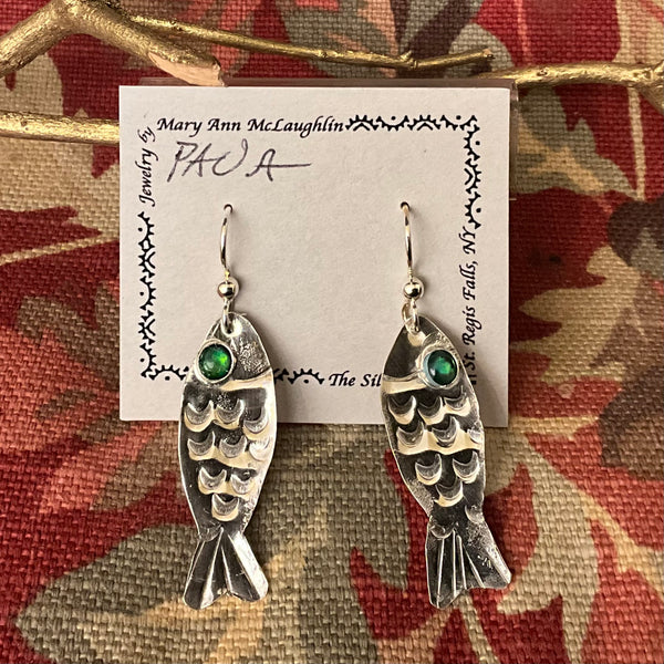 Silver Fish Earring w Green Paua Eye