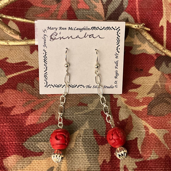 Silver Chain Earrings with Carved Cinnabar