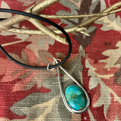 Silver Teardrop Pendant with Turquoise & Leather Cord