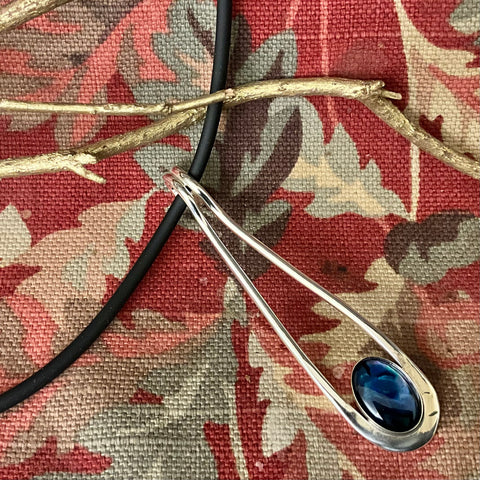 Silver Stirrup Pendant w Blue Paua & Leather Cord