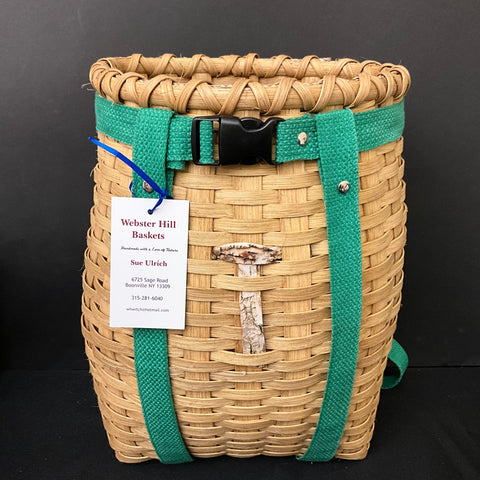 Small Adirondack Pack Basket with Green Woven Straps & Birch Bark Detail