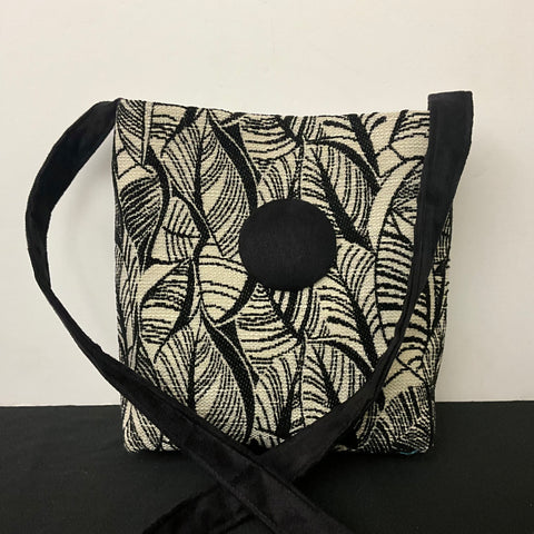 Crossbody Bag Black and White Leaf Tapestry Design