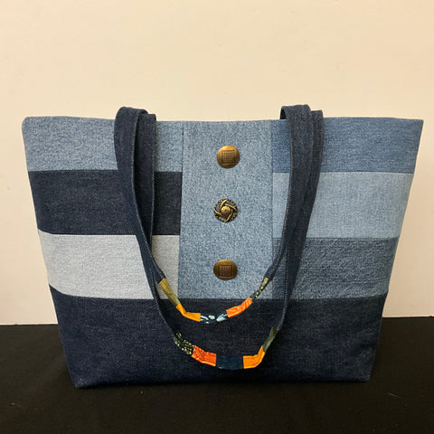 Denim Tote with Buttons & Batik Details