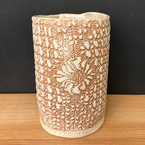 Handbuilt Utensil Holder in Beige & Brown with Impressed Pattern