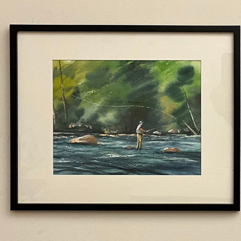 "Fishing in a Dark Pool"  Original Framed Watercolor