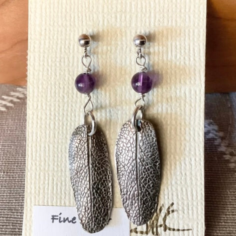 Earrings Silver Fern Leaf Post w amethyst