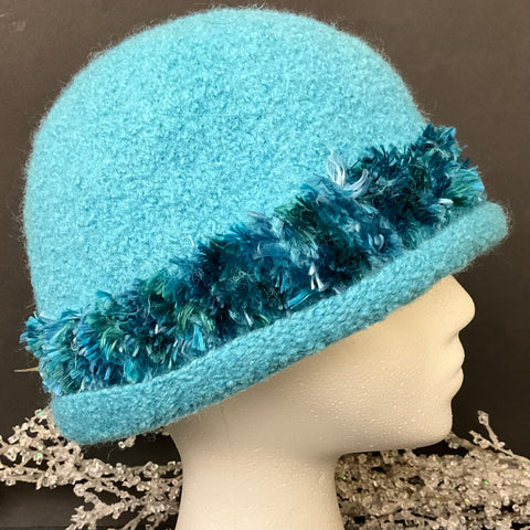 Hand Felted Wool Hat in Turquoise with Fringe Band