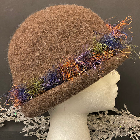 Hand Felted Wool Hat Cocoa Brown w Multi-color Fringe Band