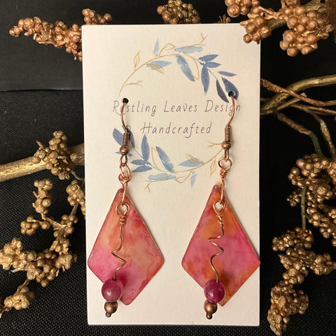 Watercolor on Copper Earrings w Watermelon Tourmaline