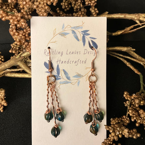 Triple Chain Copper Earrings w Green Glass Beads