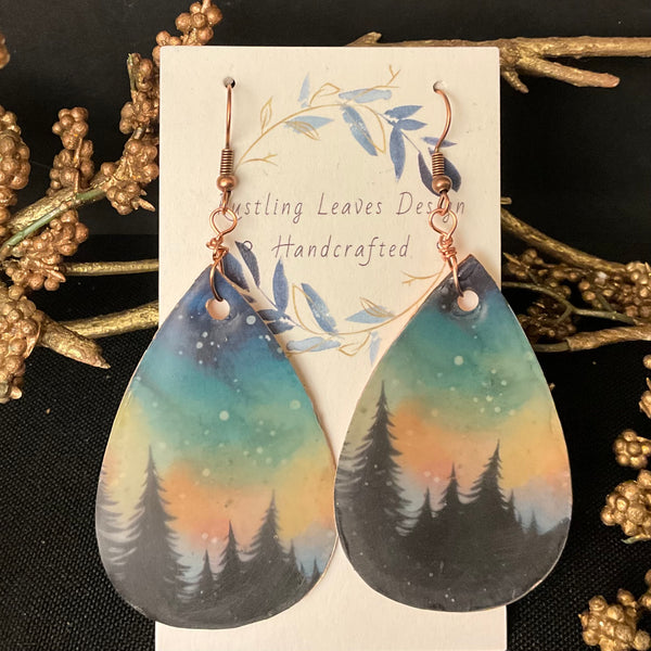 Deep Turquoise with Evergreen trees Large Teardrop Earrings