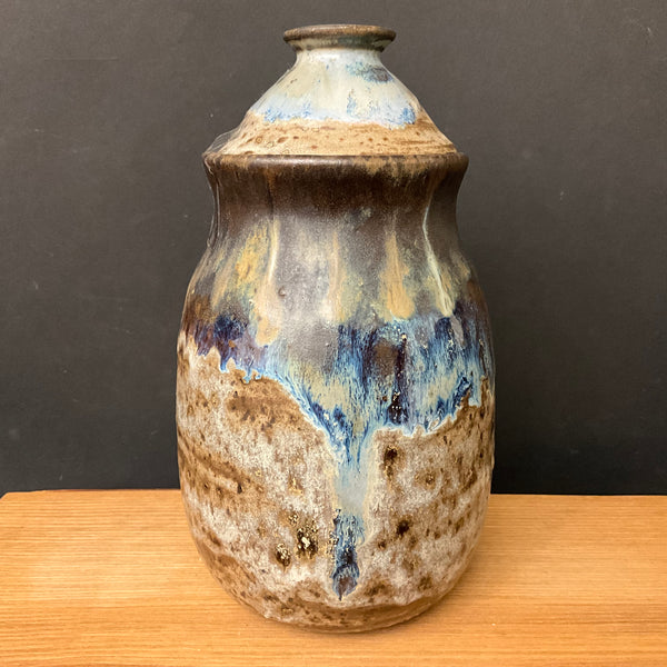 Lidded Jar Brown with Blue Drip Glaze