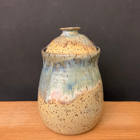 Lidded Jar Natural with Pale Blue Drip Glaze