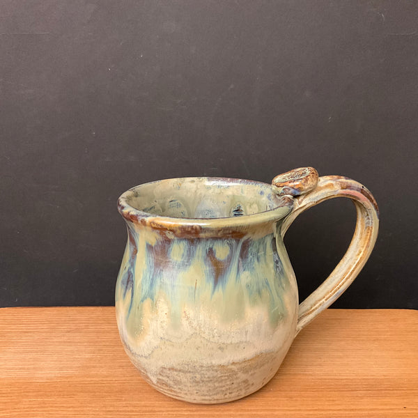 Mug Cream with Blue/Green/Brown Drip Glaze & Pinecone Stamp