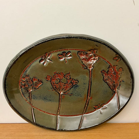 Small Oval Plate Olive with Embossed Dragonflies & Flowers