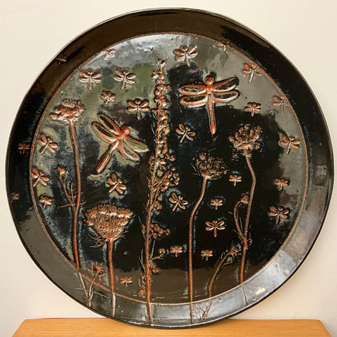 Large Plate Dark Brown with Embossed Dragonflies & Flowers