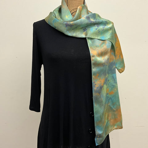 medium Ice Dyed Silk Satin Scarf - Turquoise Colorway