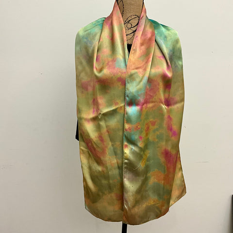 large Ice Dyed Silk Satin Scarf -Vintage Moss Colorway