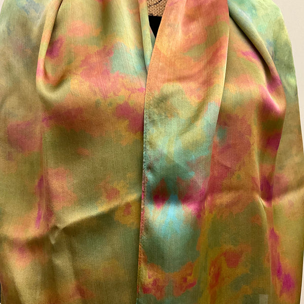 large Ice Dyed Silk Satin Scarf -Vintage Moss Colorway