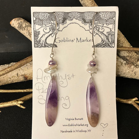 Amethyst Teardrops & Biwa Pearl Earrings