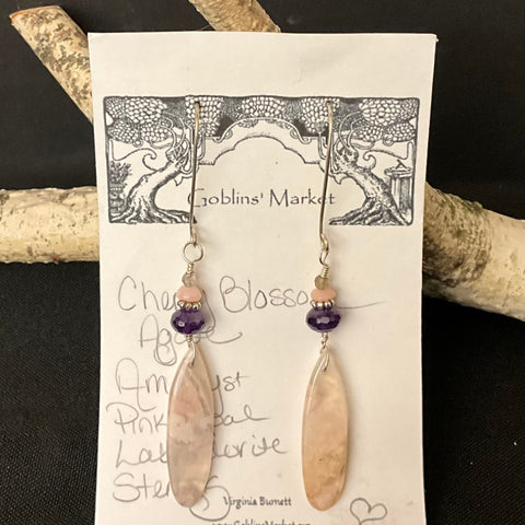 Cherry Blossom Agate Teardrops & Amethyst Earrings