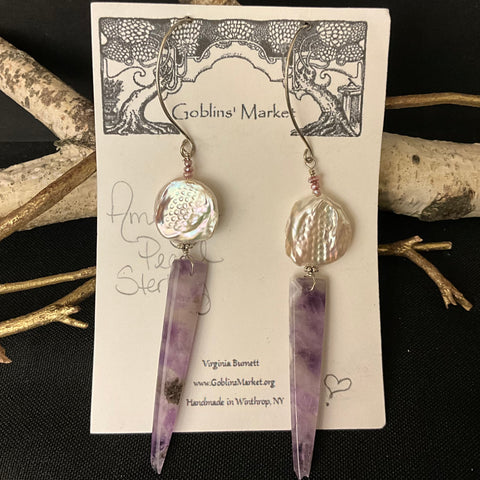 Amethyst Spikes & Coin Pearl Earrings