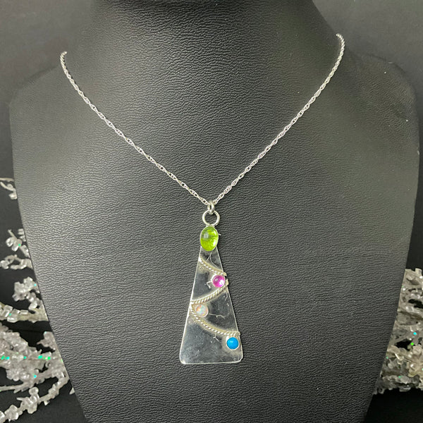 Silver Tree Pendant with Peridot & Other Stones 2.25” L