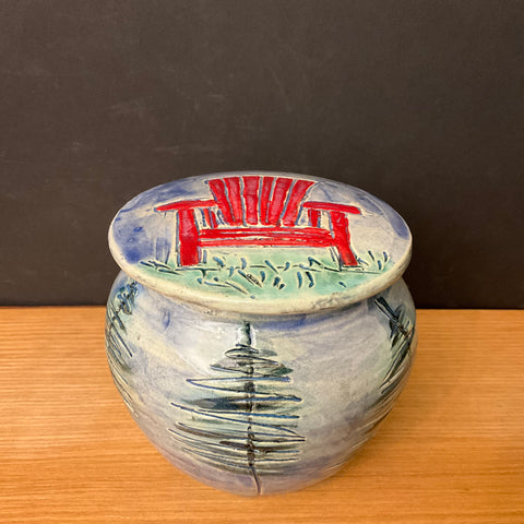 Ginger Jar with Carved Trees & Red Adirondack Chair on the Lid