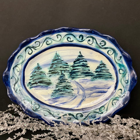 Oval Serving Platter Winter Scene w evergreens