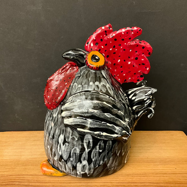 Ceramic Rooster in Black, White & Red