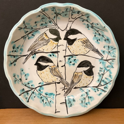 Fluted Pie Plate White w Chickadees