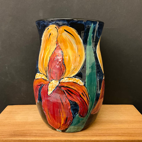 Large Midnight Blue Vase with Orange Irises