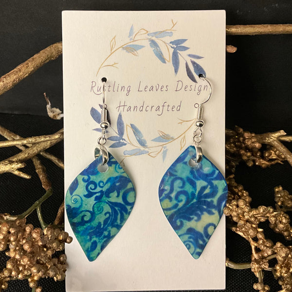 Bulb Shaped Earrings Blue & Green “Batik” Type Design