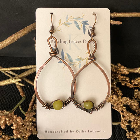 Copper Wire Teardrop Earrings with Olive beads