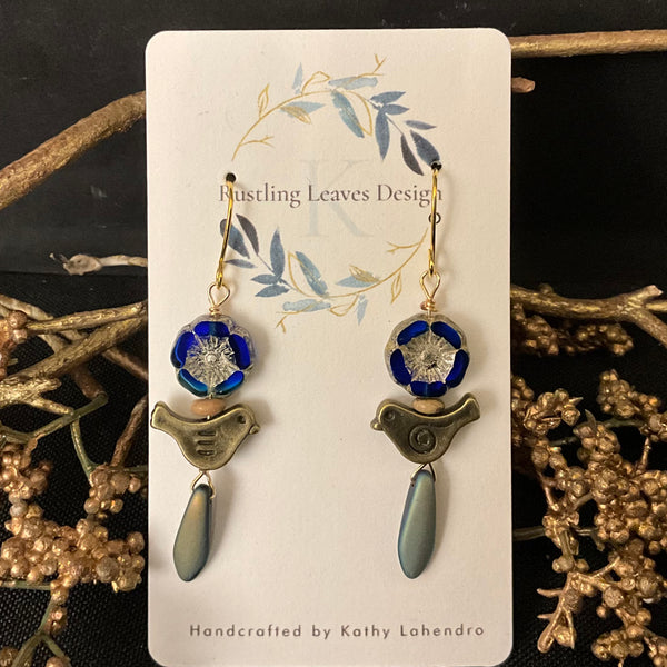 Tiny Birds Earrings with Midnight Blue Flowers