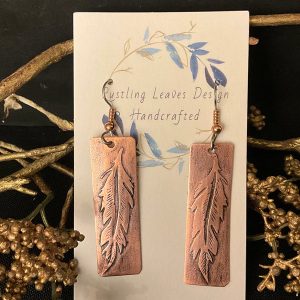 Rectangle Copper Earrings Leaf Design