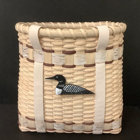 Large Tote Splint Basket with Birch Bark Weavings and Painted Wood Loon, with Heavy Cloth Handles, Alice Antwine, Edwards, NY
