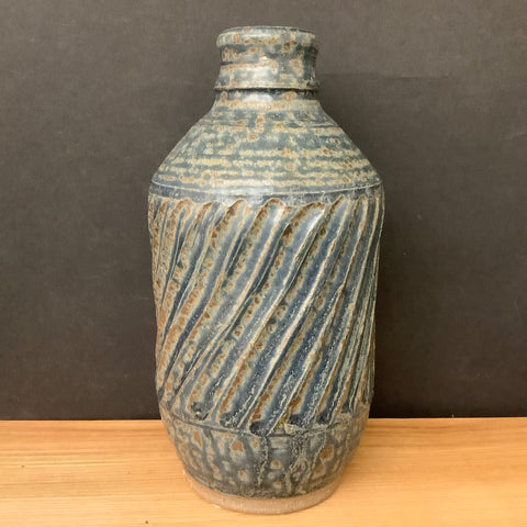 Stoneware Vase Blue Ash Glaze Carved Design