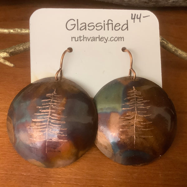 Flame Copper Disc Earrings with Pine Tree