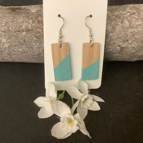 Rectangular Wood Earrings with Aqua