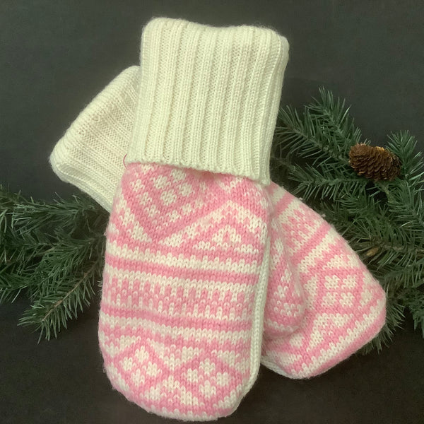 “Upcycled" Sweater Mittens Winter White & Pink Fairisle Knit
