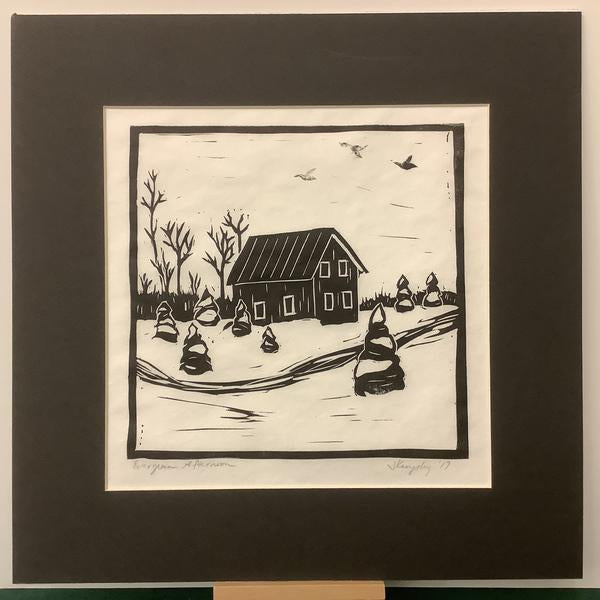 “Evergreen Afternoon” Rubber Block Print Framed & Matted