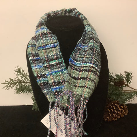 Handwoven Silk, Cotton,Linen "Jamie” Small Infinity Scarf  in Moss Green and Blues, Kim Davidson