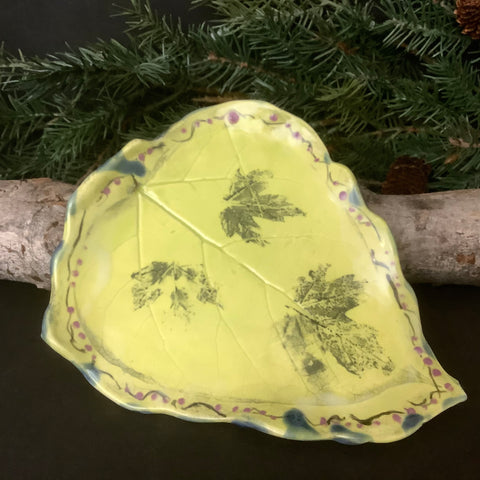 Hand-built Leaf Shaped Dish with Impressed Leaf Pattern in Chartreuse, Jackie Sabourin, Lake Shore Road, Peru, NY