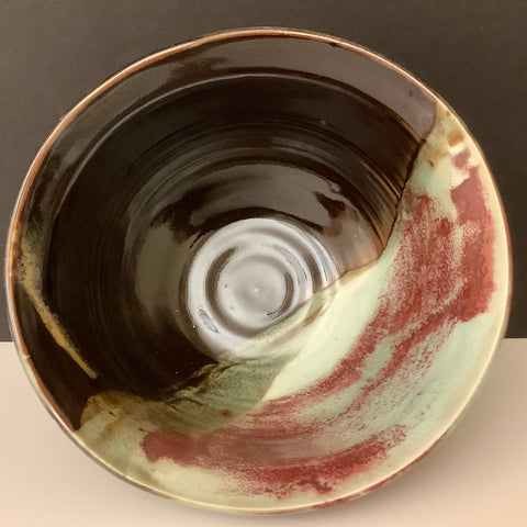 Porcelain Bowl in Black, Gray Greens &  Rose